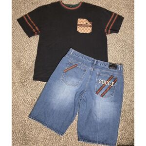 Vintage Gucci Set Mens 42 Denim Shorts & 4XL T Shirt Relaxed Fit Logo Stripe